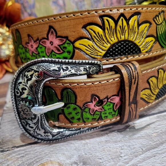 WOMEN\'S SUNFLOWER WESTERN LEATHER BELT, COWGIRL HANDTOOLED HANDPAINTED SZ 36 main image 8